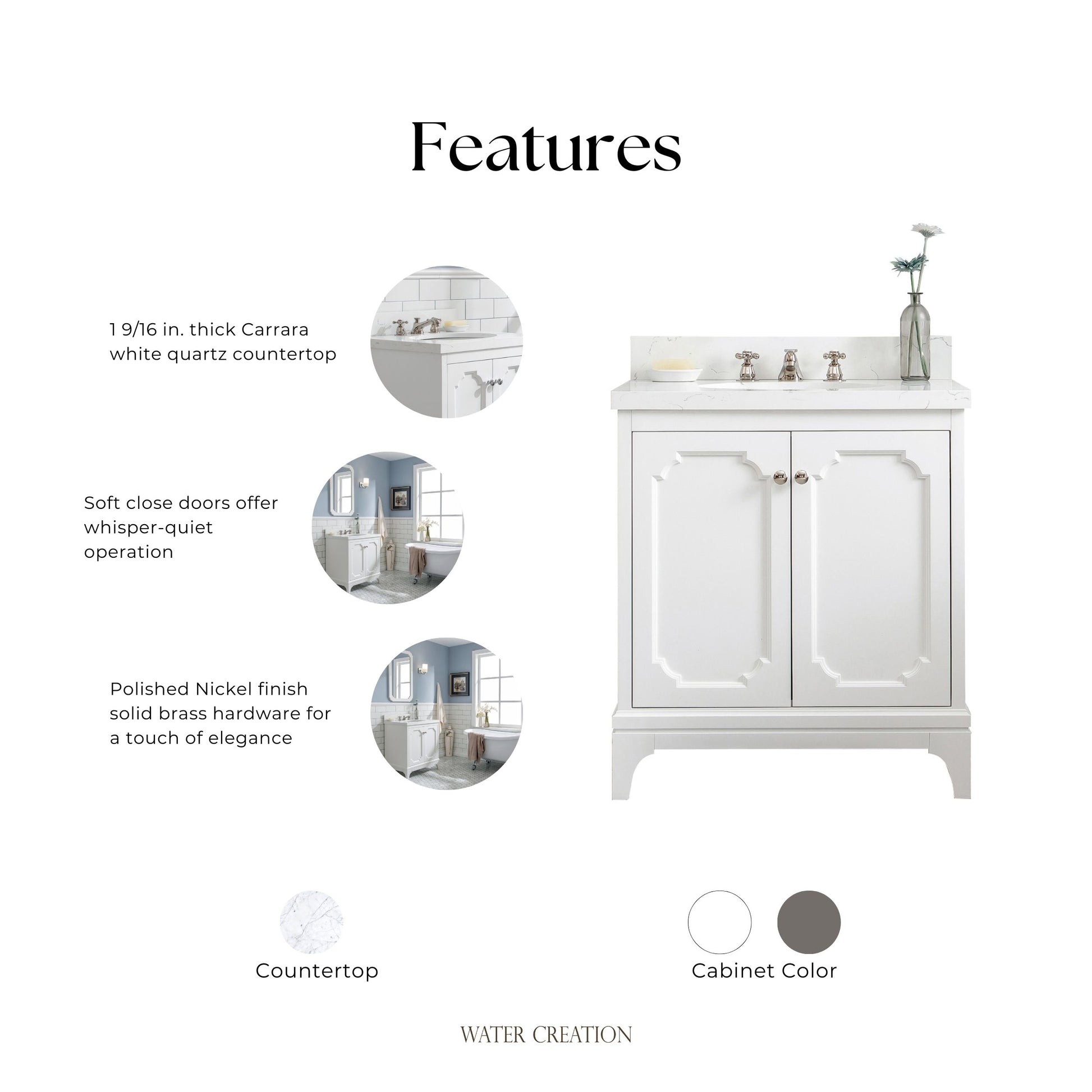 Queen Collection 30 in. Bathroom Vanity in Pure White With Vanity Top in Quartz Carrara - Vanity Only | Water Creation