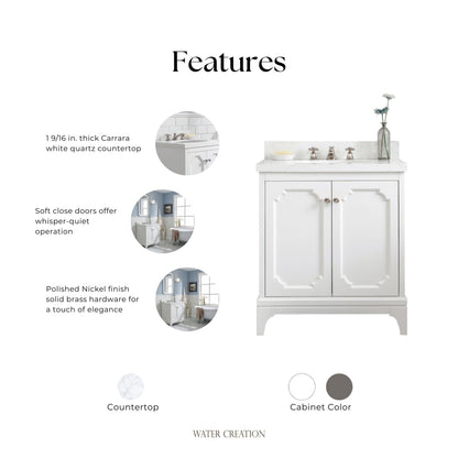 Queen Collection 30 in. Bathroom Vanity in Pure White With Vanity Top in Quartz Carrara - Vanity Only | Water Creation