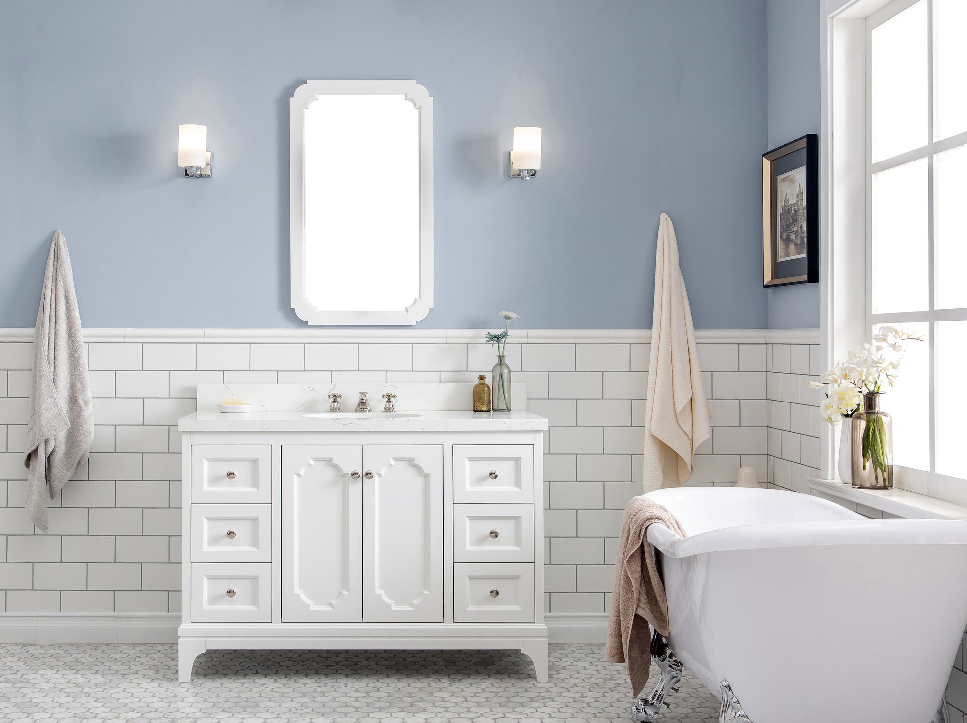Queen 48 in. Pure White With Quartz Carrara Vanity Top With Ceramics White Basins | Water Creation