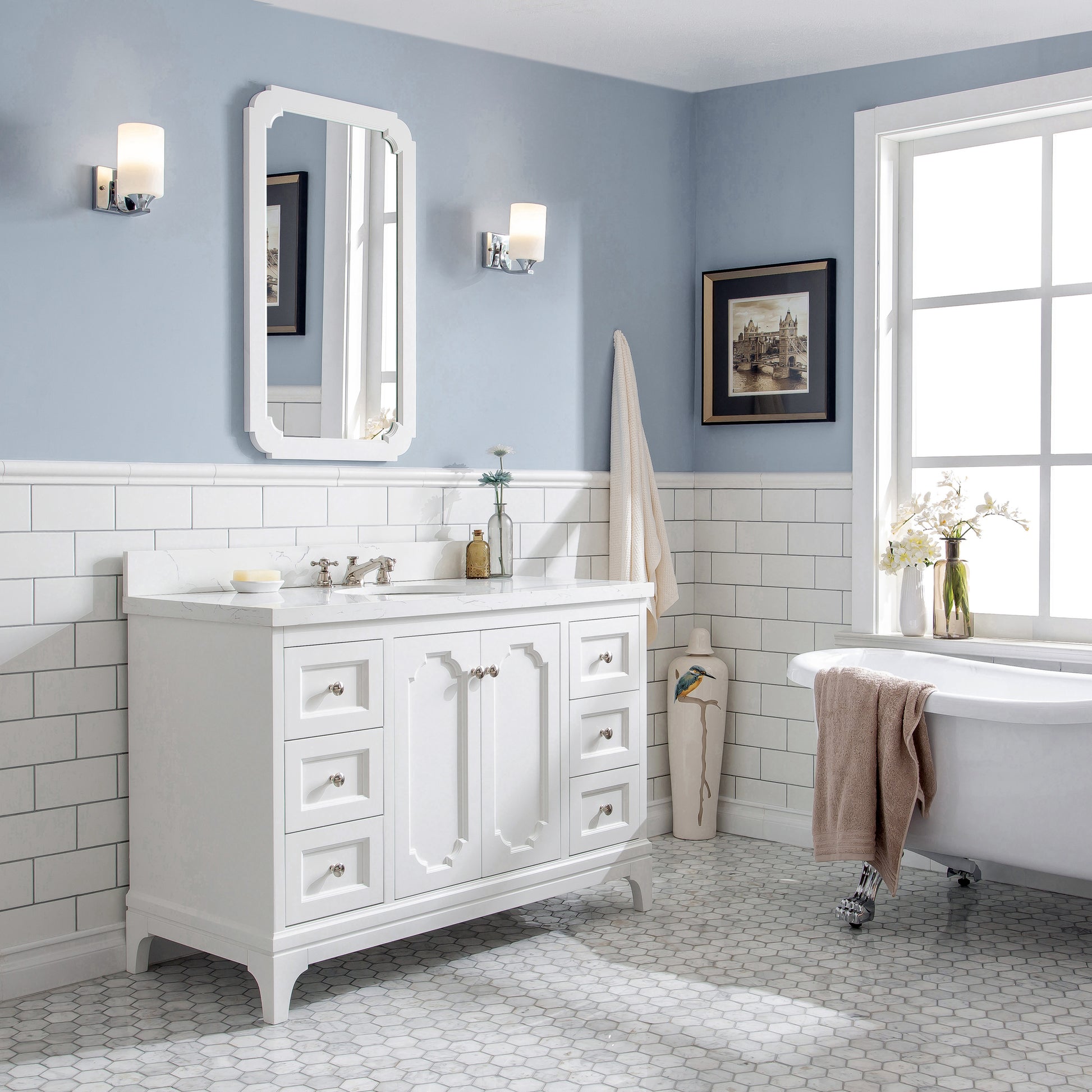 Queen 48 in. Pure White With Quartz Carrara Vanity Top With Ceramics White Basins | Water Creation