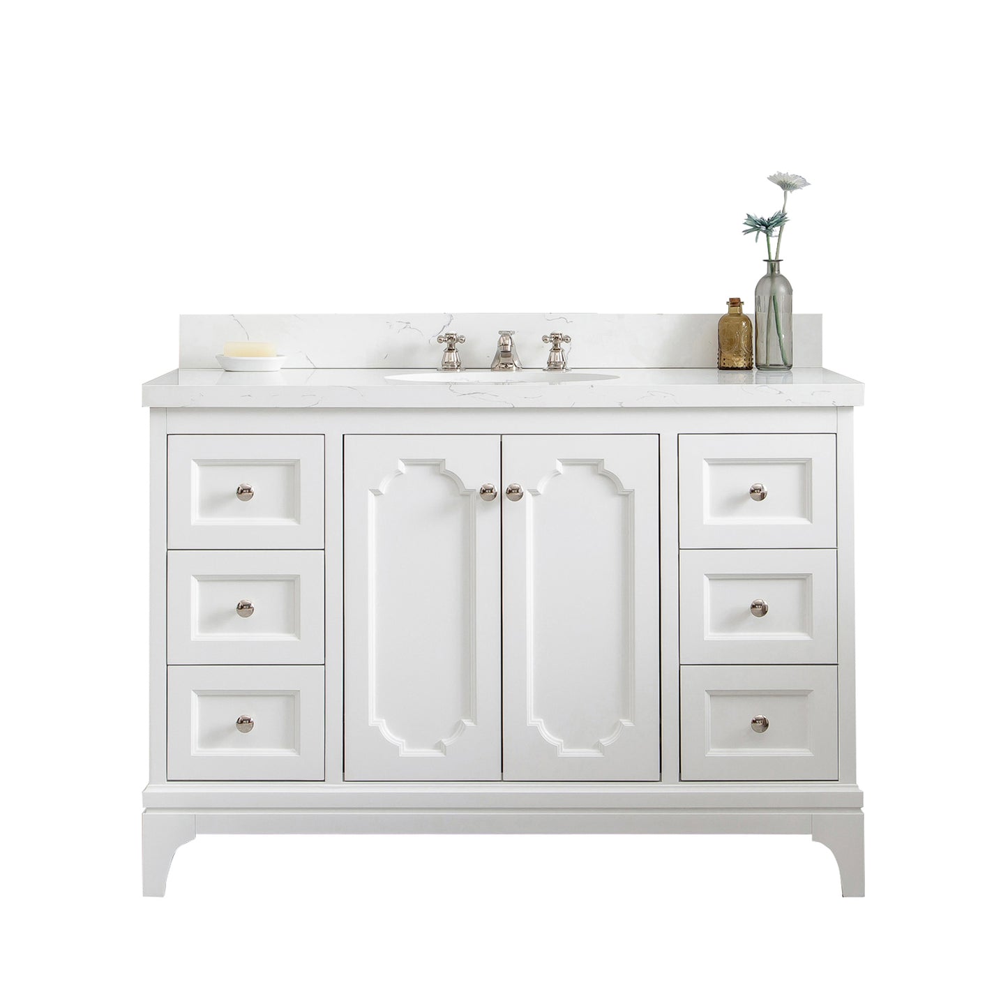 Queen 48 in. Pure White With Quartz Carrara Vanity Top With Ceramics White Basins | Water Creation