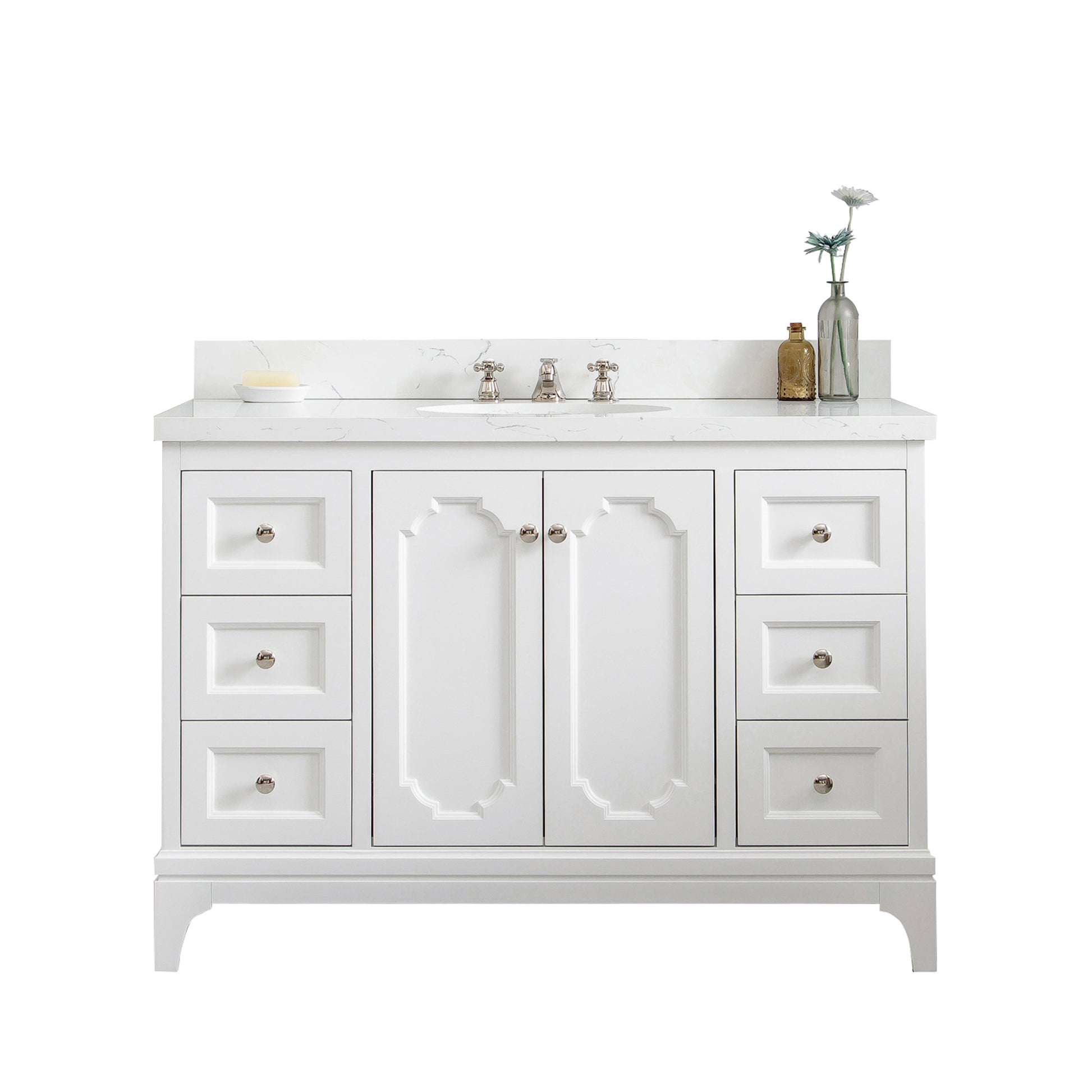Queen 48 in. Pure White With Quartz Carrara Vanity Top With Ceramics White Basins | Water Creation