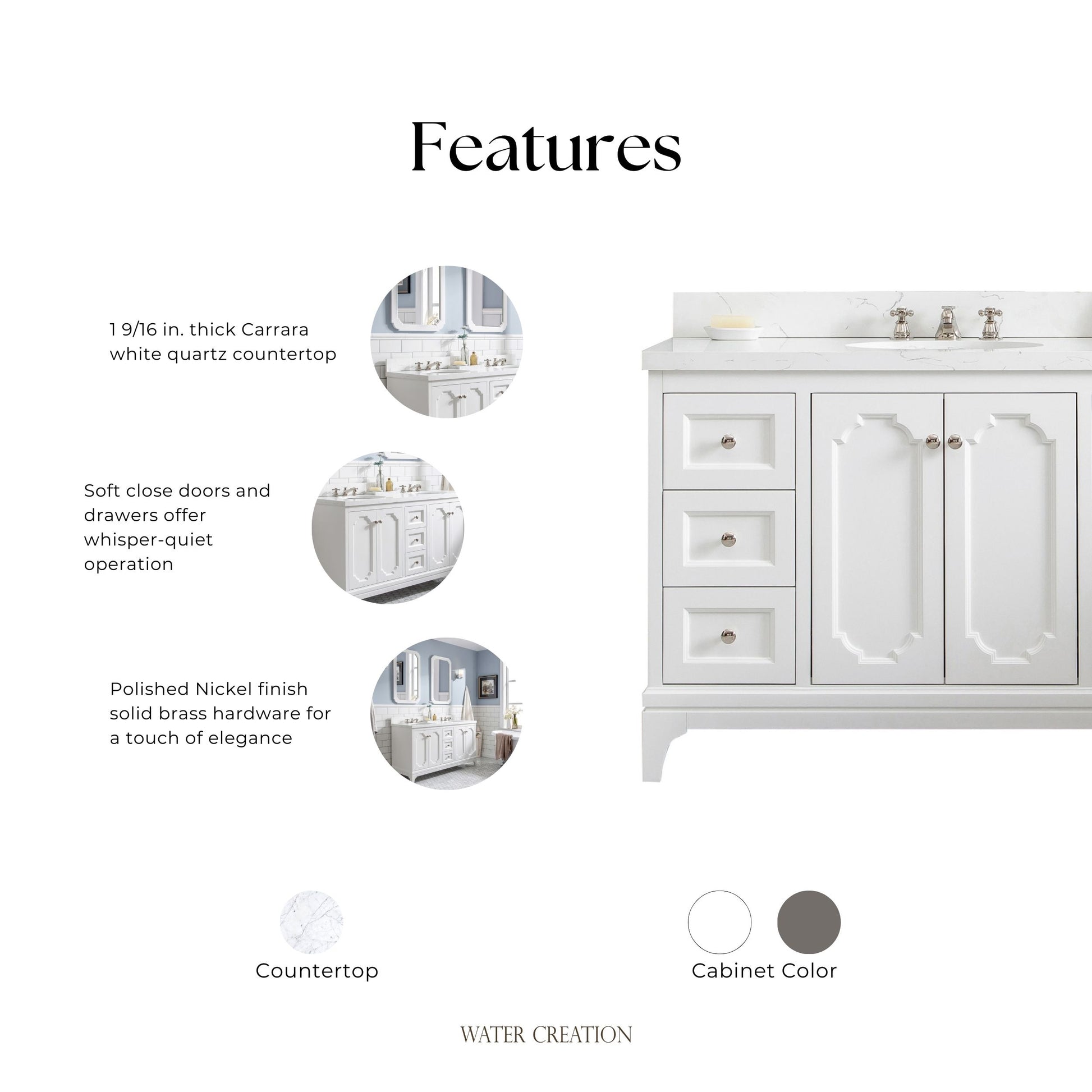Queen 48 in. Pure White With Quartz Carrara Vanity Top With Ceramics White Basins | Water Creation