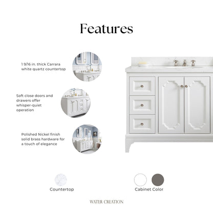 Queen 48 in. Pure White With Quartz Carrara Vanity Top With Ceramics White Basins | Water Creation