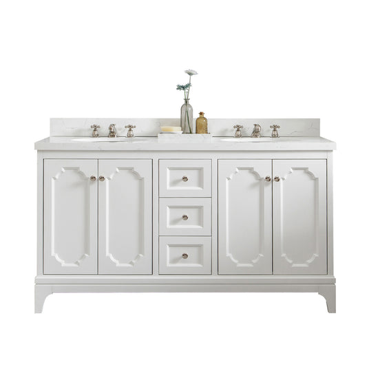 Queen 60 in. Pure White With Quartz Carrara Vanity Top With Ceramics White Basins | Water Creation
