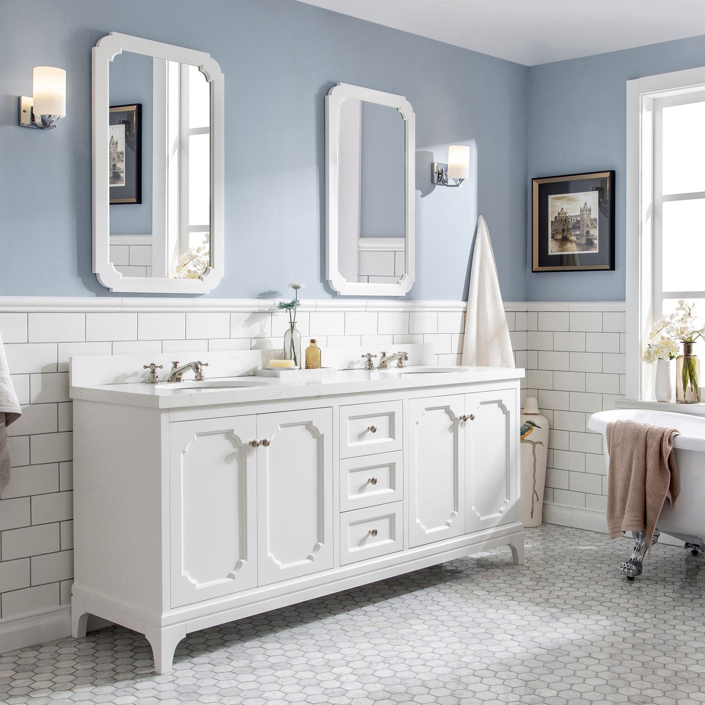 Queen 72 in. Pure White With Quartz Carrara Vanity Top With Ceramics White Basins | Water Creation