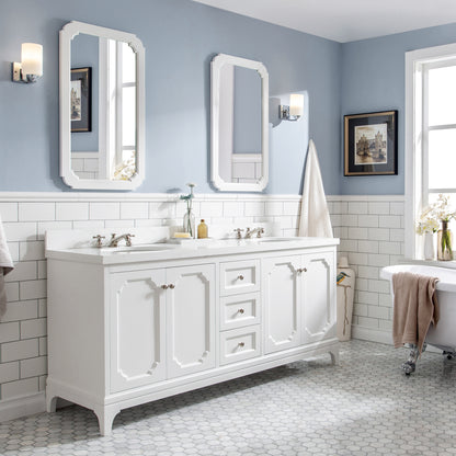 Queen 72 in. Pure White With Quartz Carrara Vanity Top With Ceramics White Basins | Water Creation