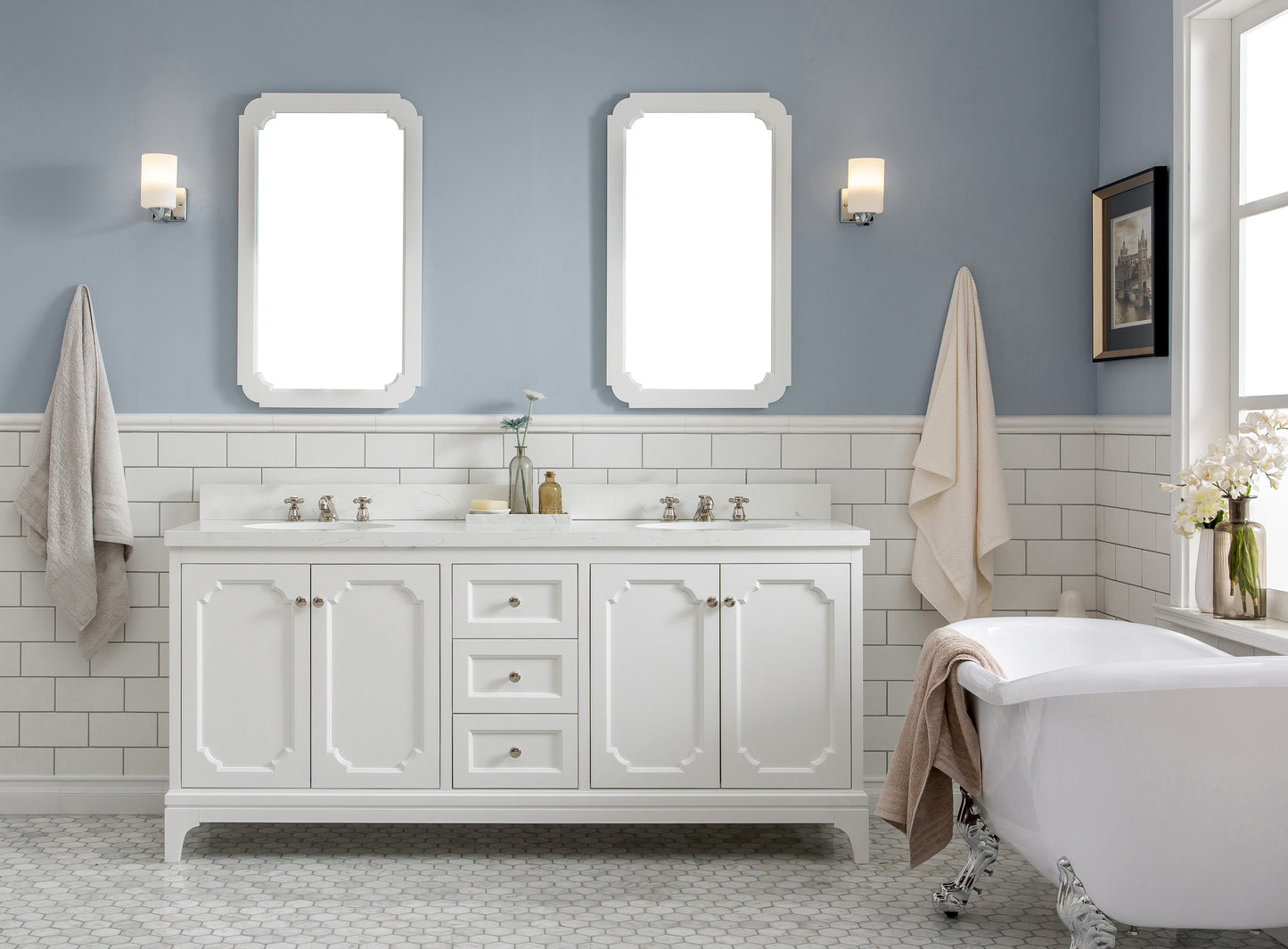 Queen 72 in. Pure White With Quartz Carrara Vanity Top With Ceramics White Basins | Water Creation
