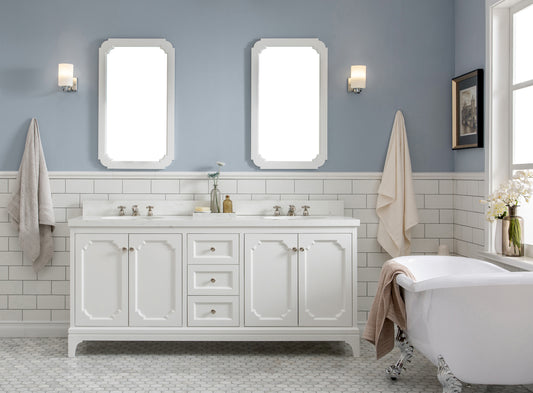 Queen 72 in. Pure White With Quartz Carrara Vanity Top With Ceramics White Basins | Water Creation