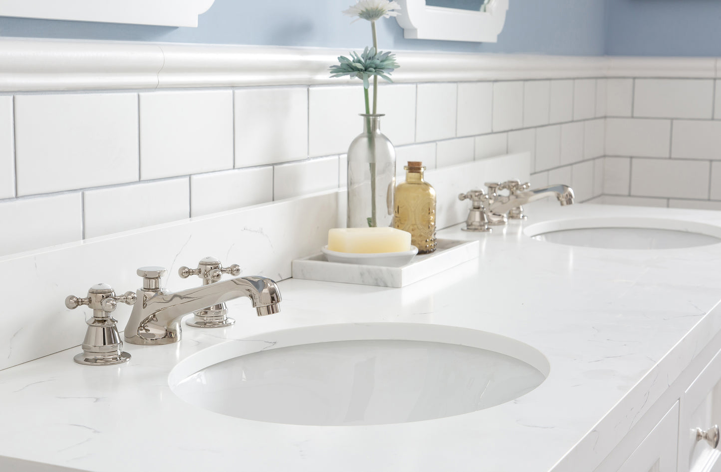 Queen 72 in. Pure White With Quartz Carrara Vanity Top With Ceramics White Basins | Water Creation