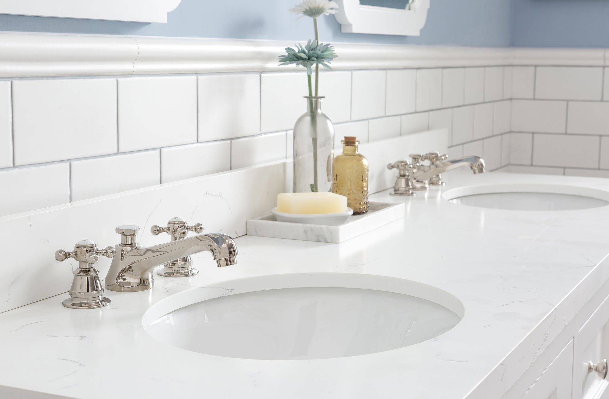 Queen 72 in. Pure White With Quartz Carrara Vanity Top With Ceramics White Basins | Water Creation