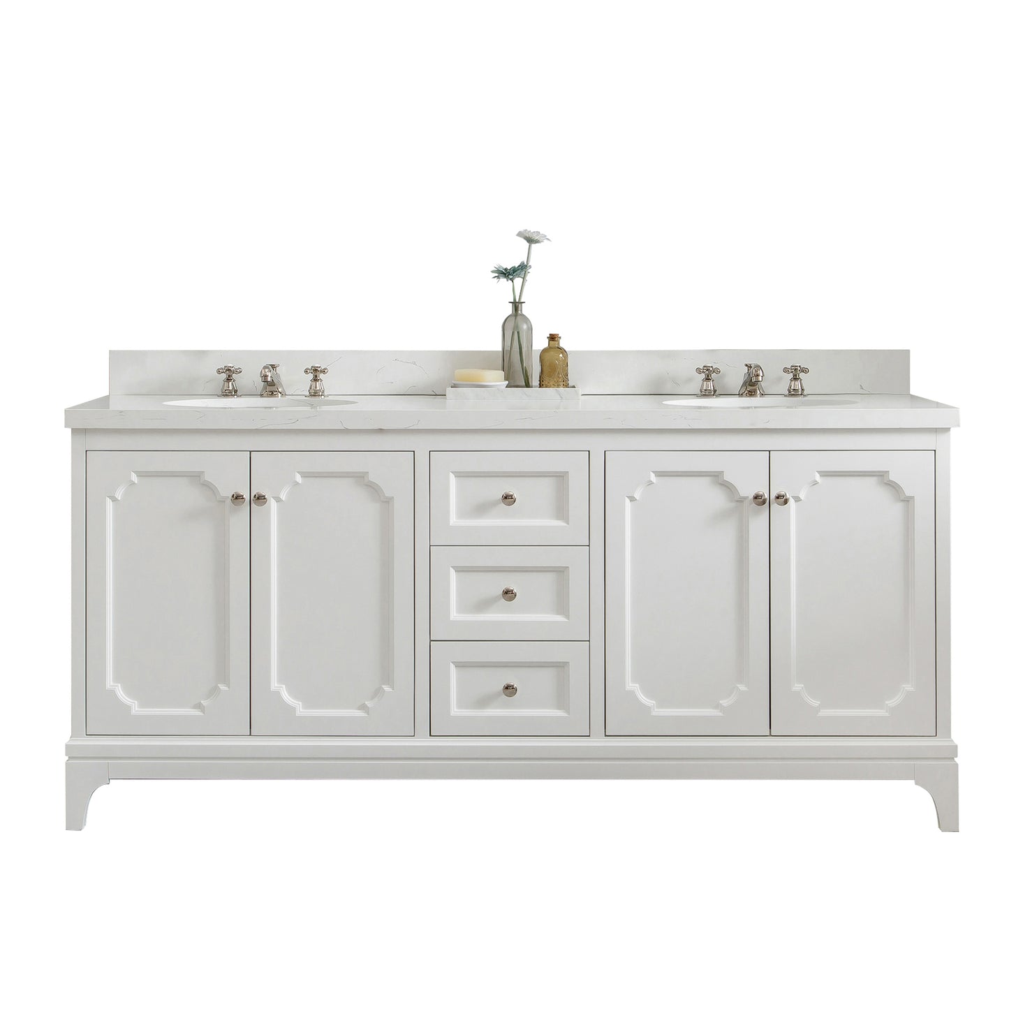 Queen 72 in. Pure White With Quartz Carrara Vanity Top With Ceramics White Basins | Water Creation