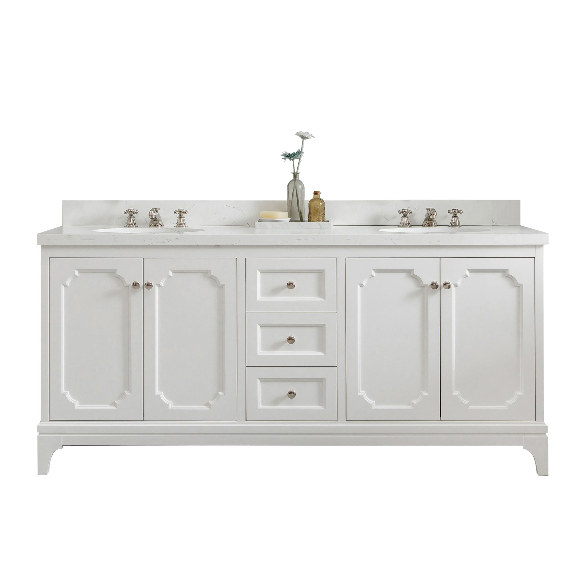 Queen 72 in. Pure White With Quartz Carrara Vanity Top With Ceramics White Basins | Water Creation
