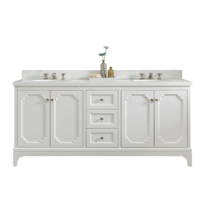 Queen 72 in. Pure White With Quartz Carrara Vanity Top With Ceramics White Basins | Water Creation