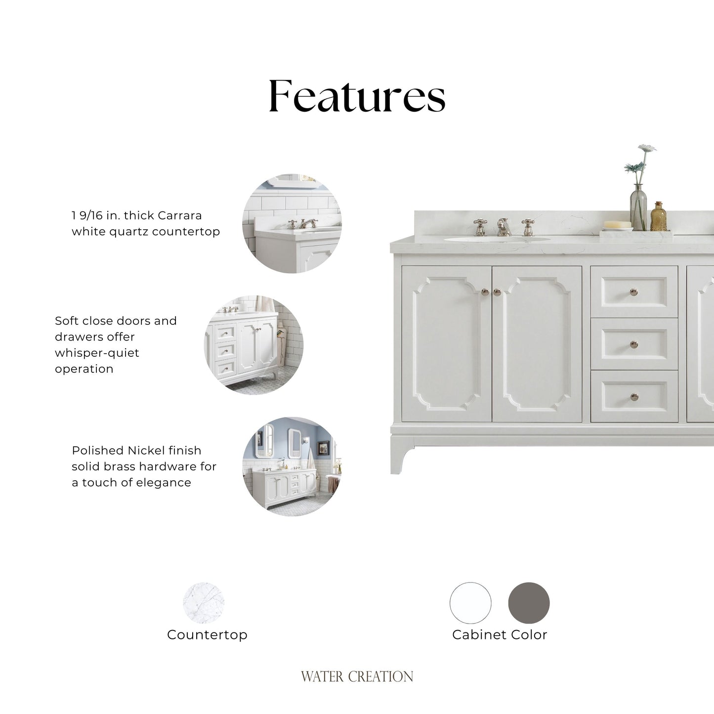Queen 72 in. Pure White With Quartz Carrara Vanity Top With Ceramics White Basins | Water Creation