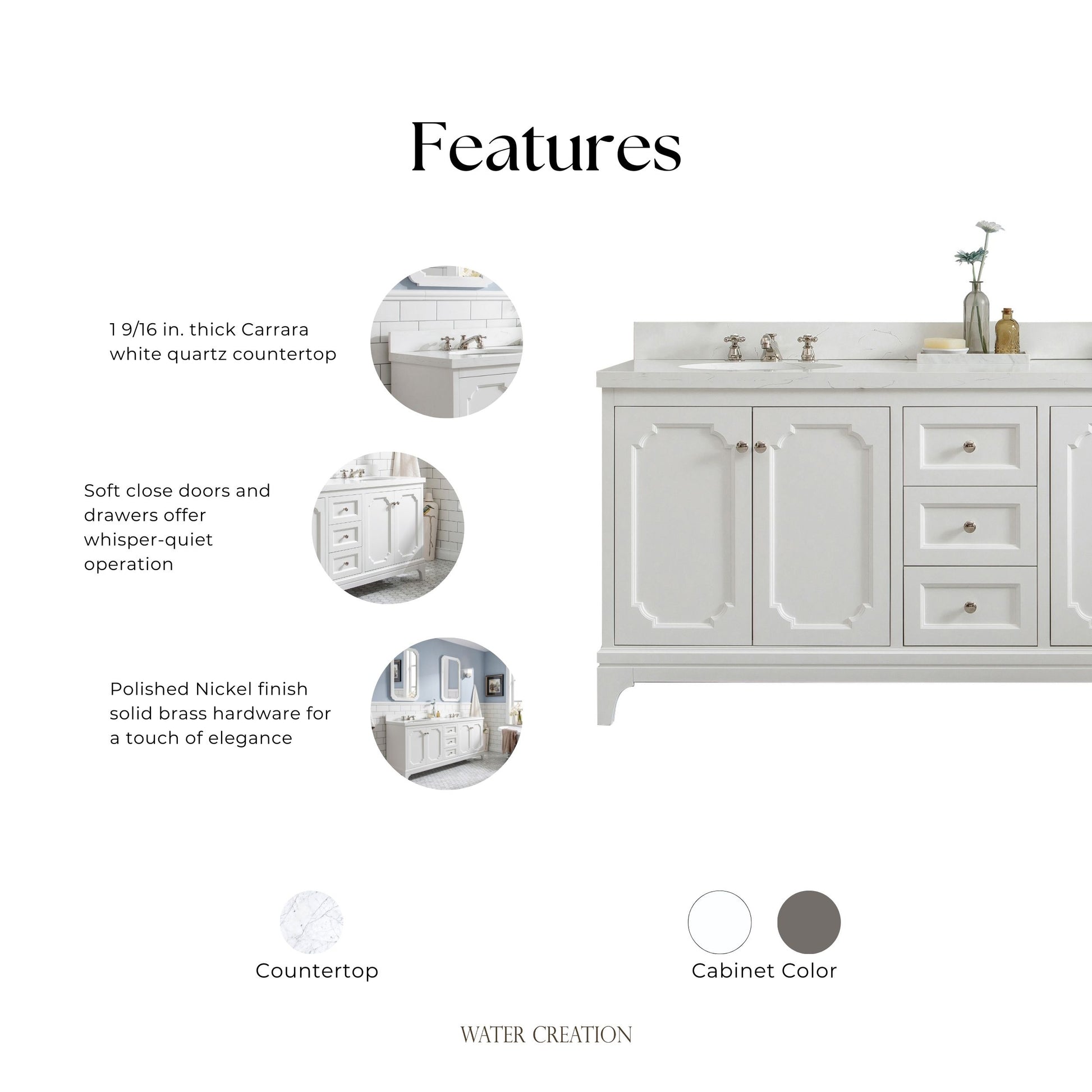 Queen 72 in. Pure White With Quartz Carrara Vanity Top With Ceramics White Basins | Water Creation