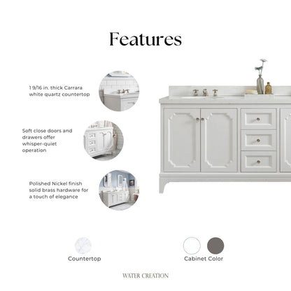 Queen 72 in. Pure White With Quartz Carrara Vanity Top With Ceramics White Basins | Water Creation
