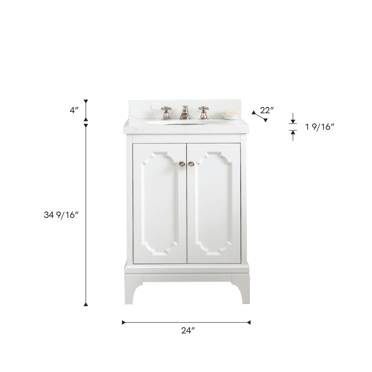 Queen 24 in. Bath Vanity in Pure White with Quartz Carrara Vanity Top with Ceramics White Basins | Water Creation