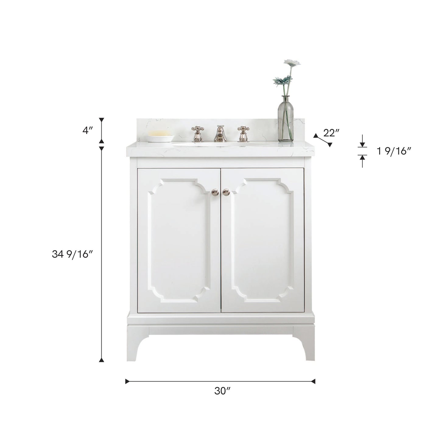 Queen Collection 30 in. Bathroom Vanity in Pure White With Vanity Top in Quartz Carrara - Vanity Only | Water Creation