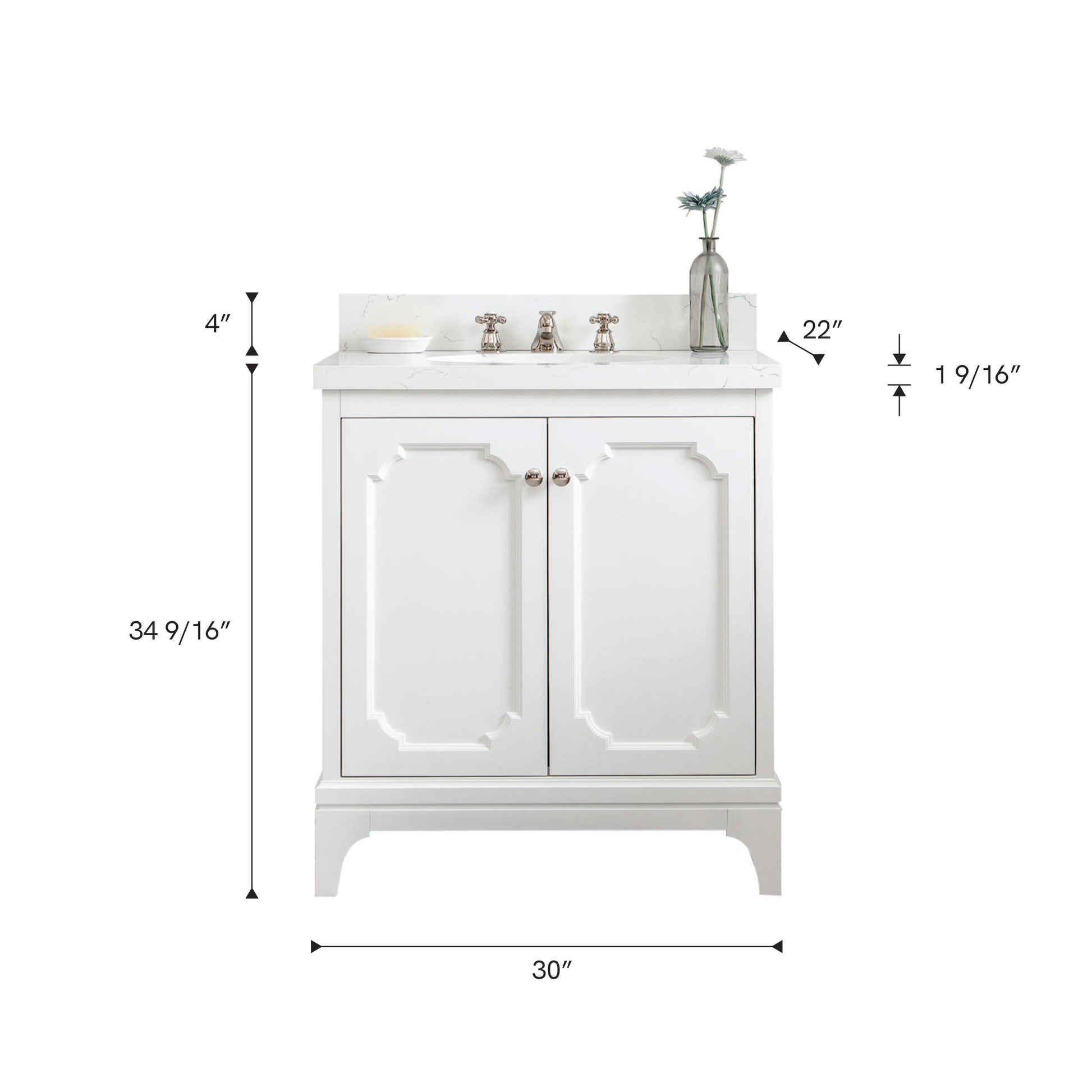 Queen Collection 30 in. Bathroom Vanity in Pure White With Vanity Top in Quartz Carrara - Vanity Only | Water Creation