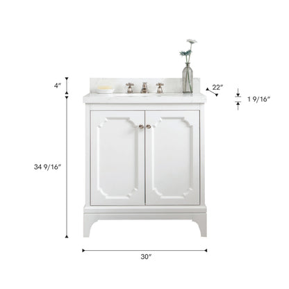 Queen Collection 30 in. Bathroom Vanity in Pure White With Vanity Top in Quartz Carrara - Vanity Only | Water Creation