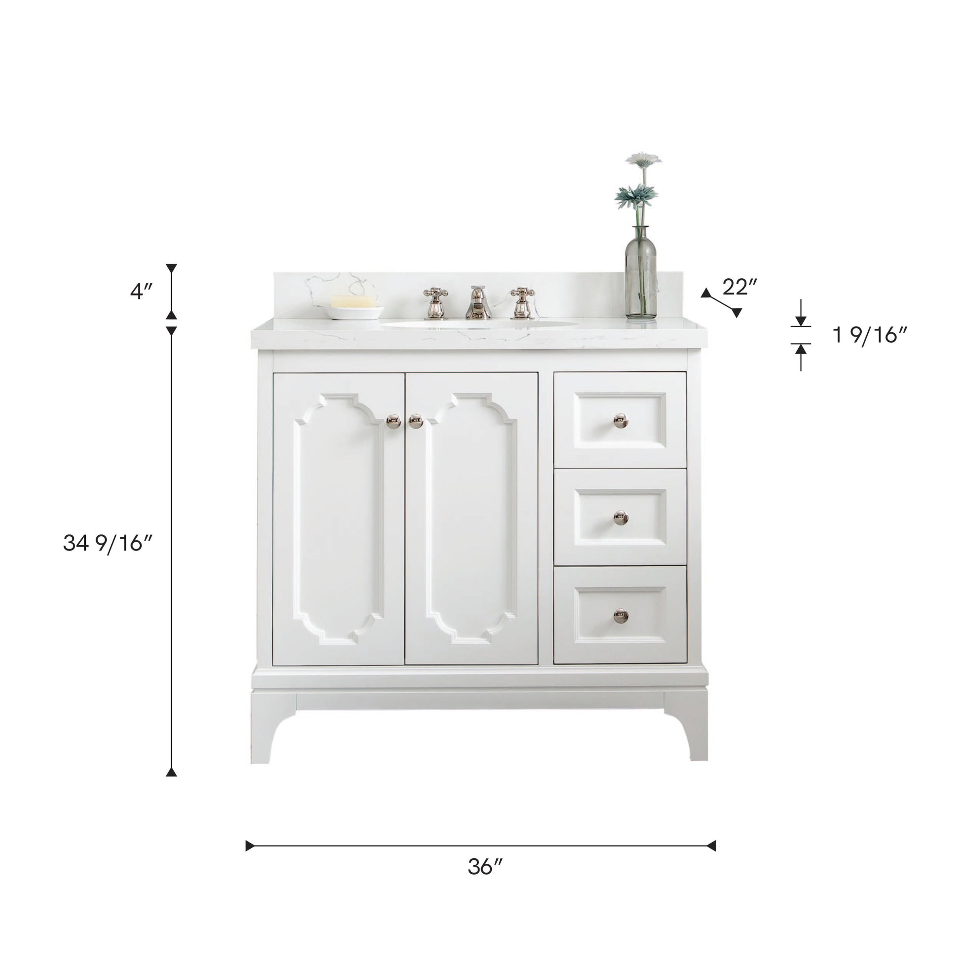 Queen 36 in. Bath Vanity in Pure White with Quartz Carrara Vanity Top with Ceramics White Basins | Water Creation