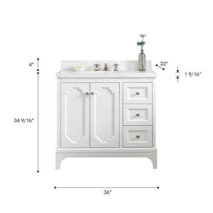 Queen 36 in. Bath Vanity in Pure White with Quartz Carrara Vanity Top with Ceramics White Basins | Water Creation