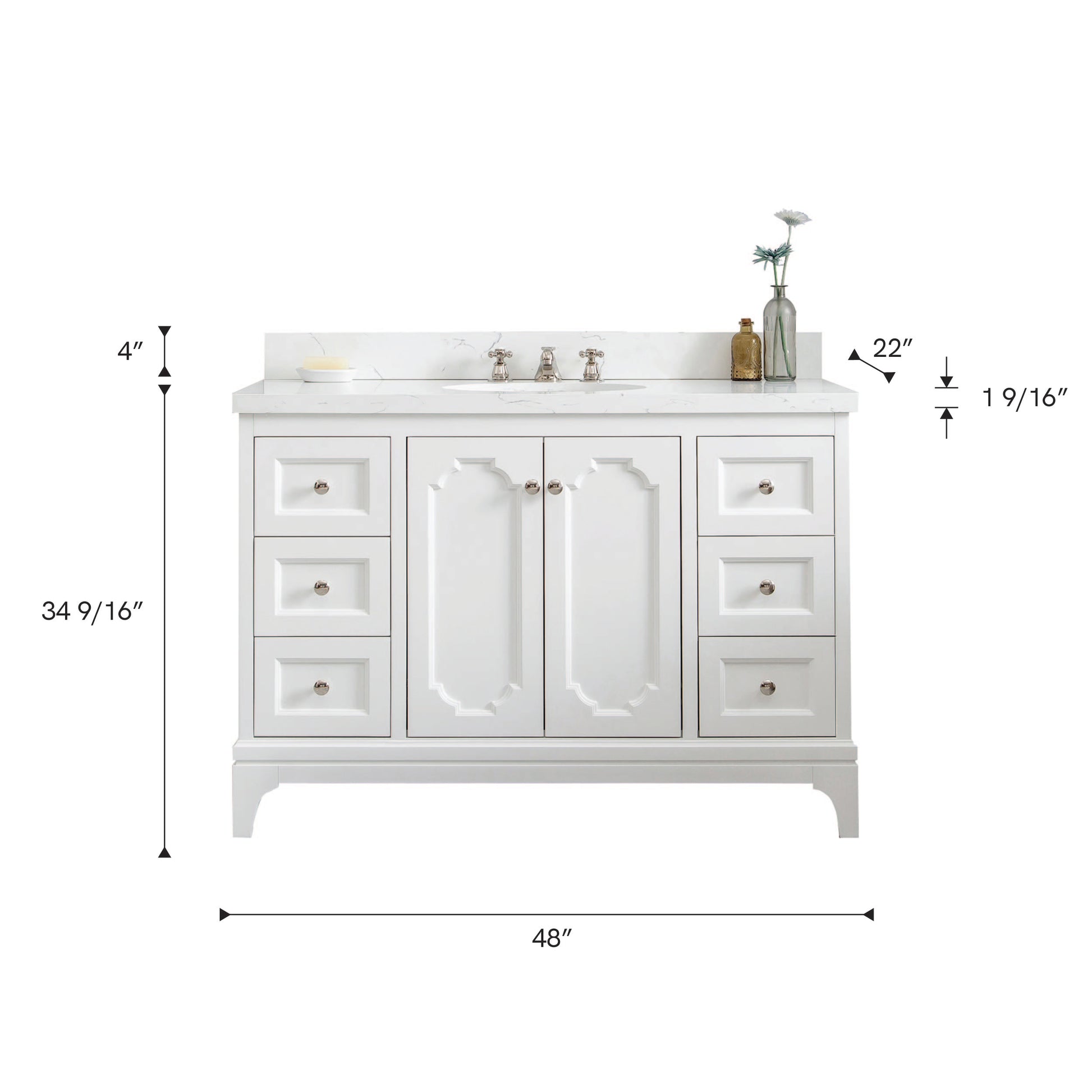 Queen 48 in. Pure White With Quartz Carrara Vanity Top With Ceramics White Basins | Water Creation