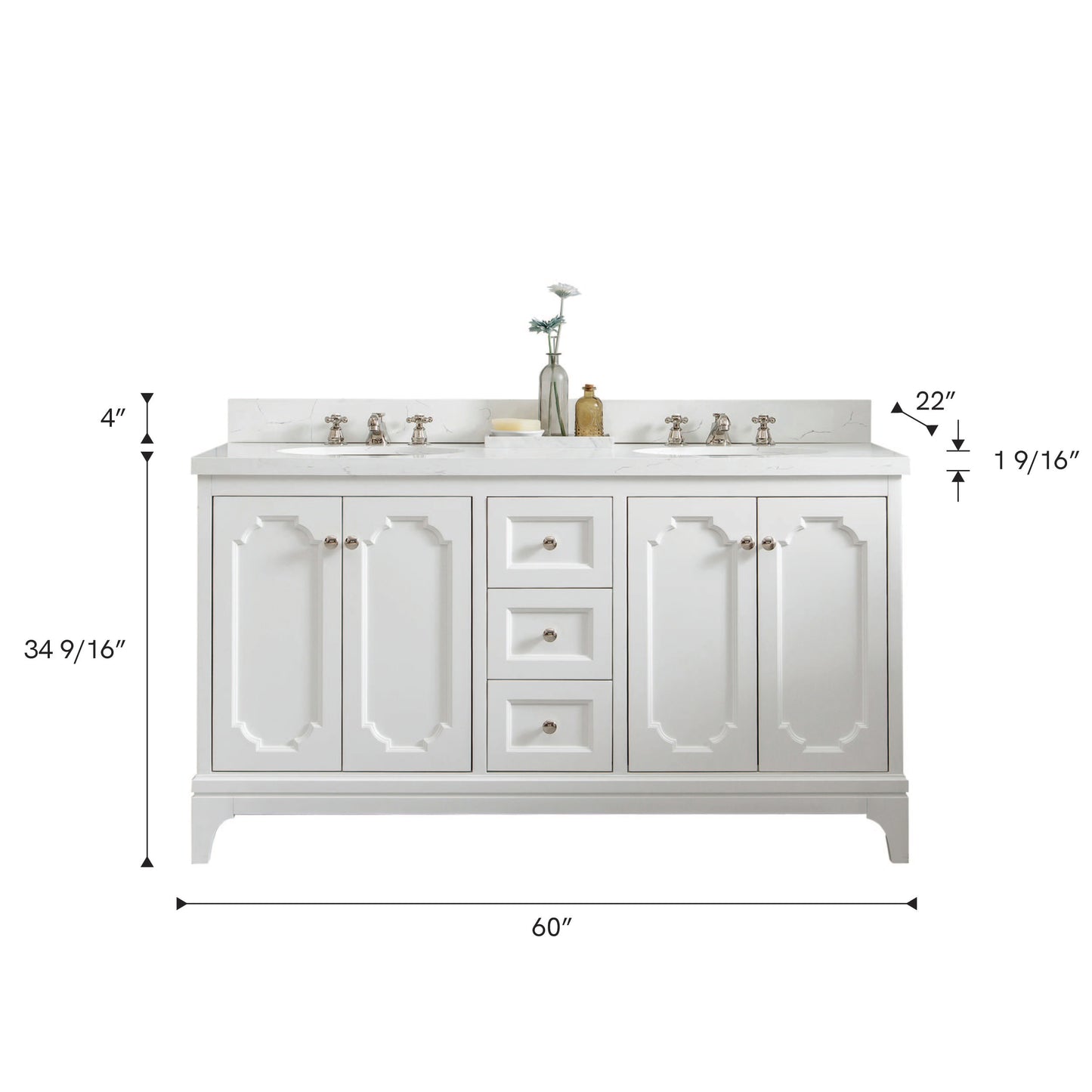 Queen 60 in. Pure White With Quartz Carrara Vanity Top With Ceramics White Basins | Water Creation