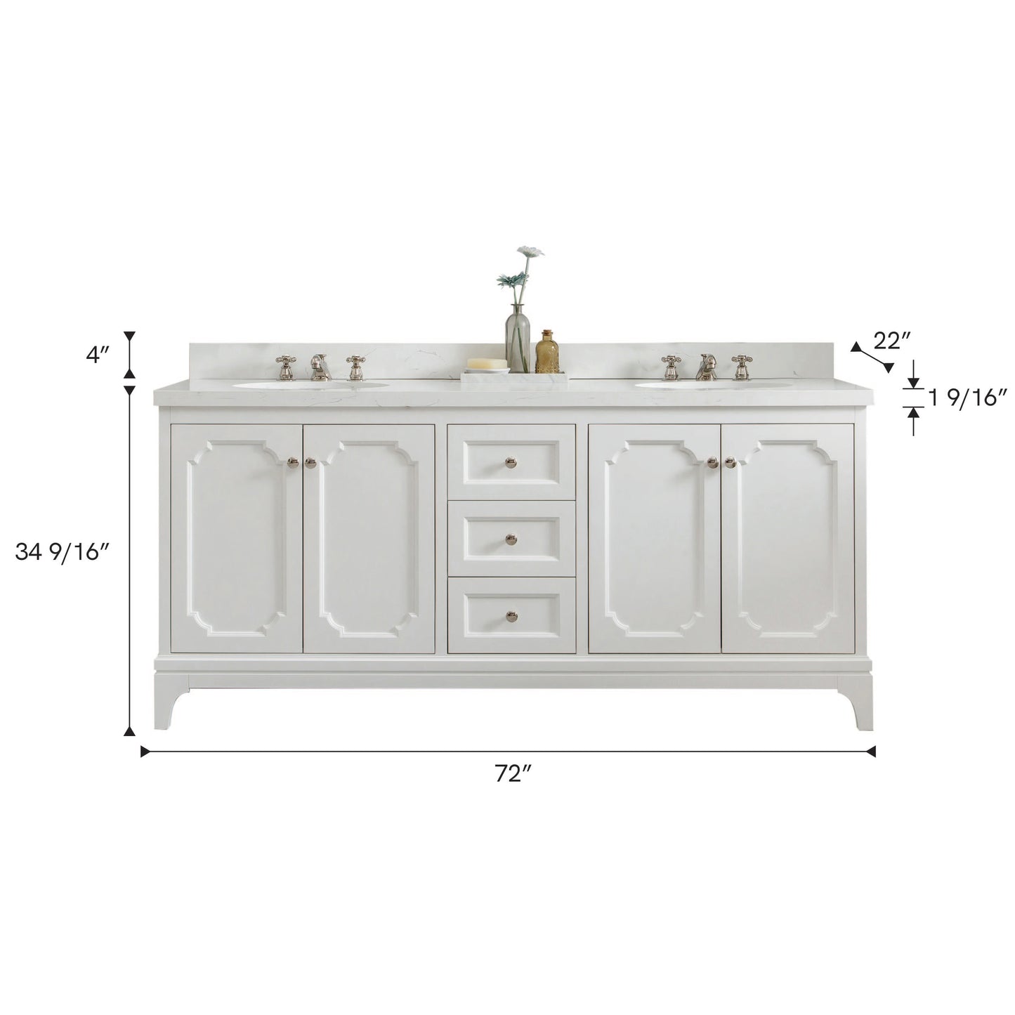 Queen 72 in. Pure White With Quartz Carrara Vanity Top With Ceramics White Basins | Water Creation