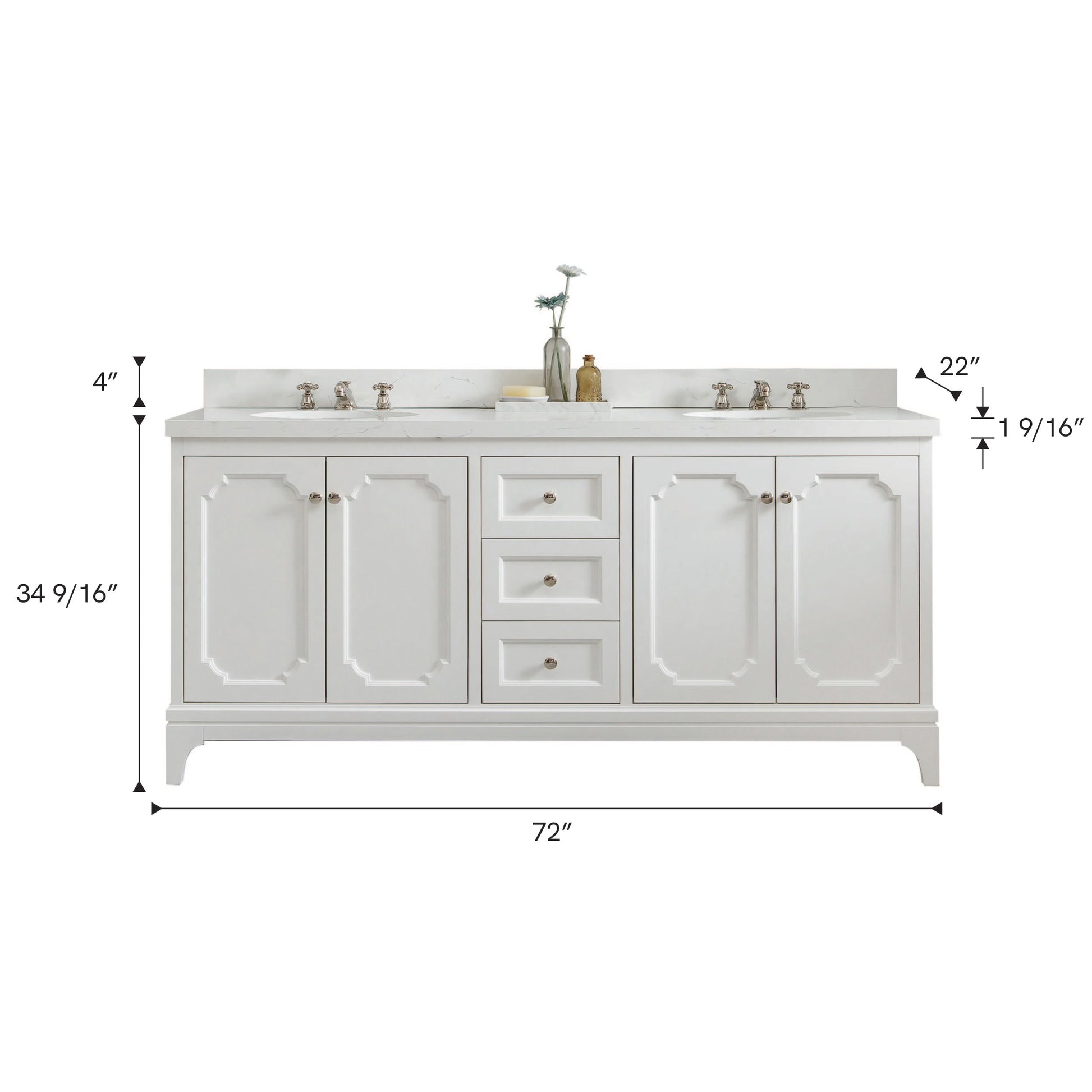 Queen 72 in. Pure White With Quartz Carrara Vanity Top With Ceramics White Basins | Water Creation