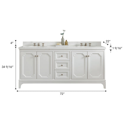 Queen 72 in. Pure White With Quartz Carrara Vanity Top With Ceramics White Basins | Water Creation