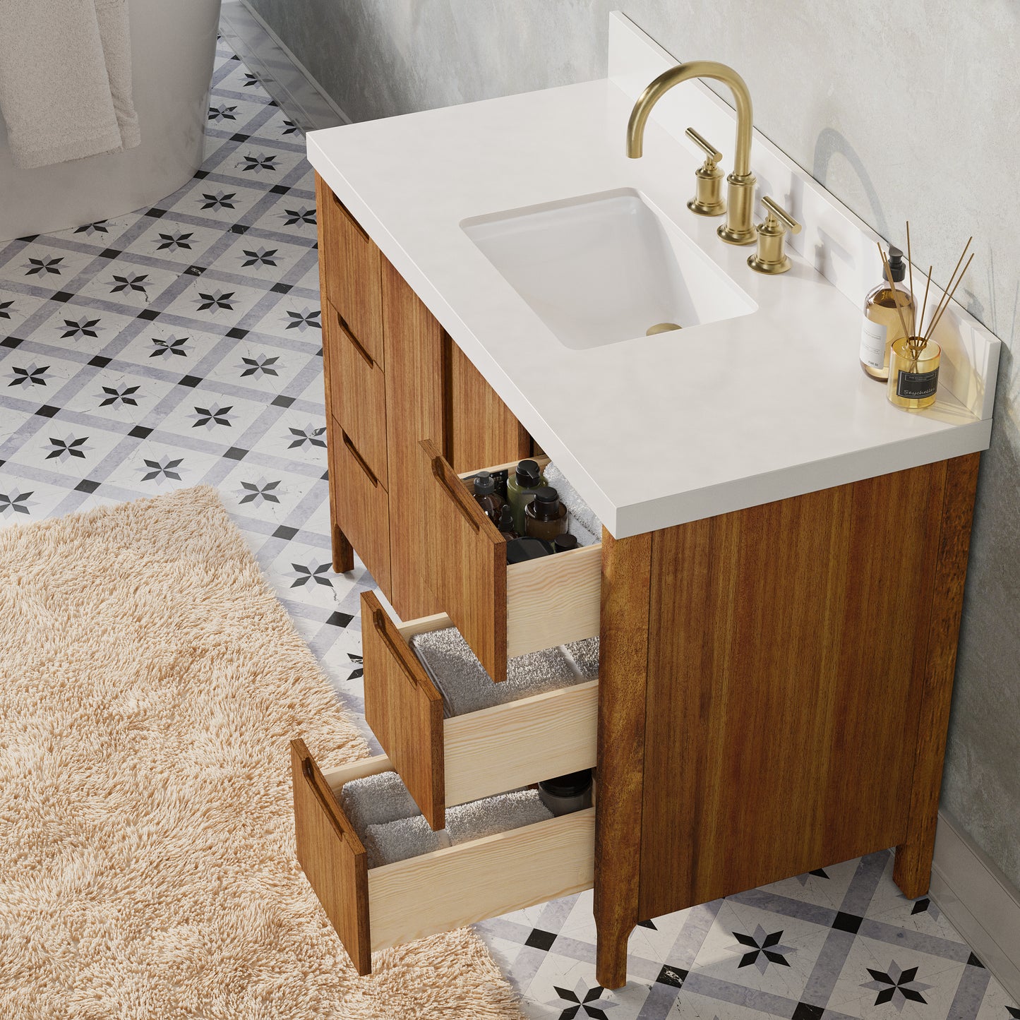 Sequoia 48 In. x 34.4 in. H Single Sink Bath Vanity in Mango Wood With White Quartz Top | Water Creation