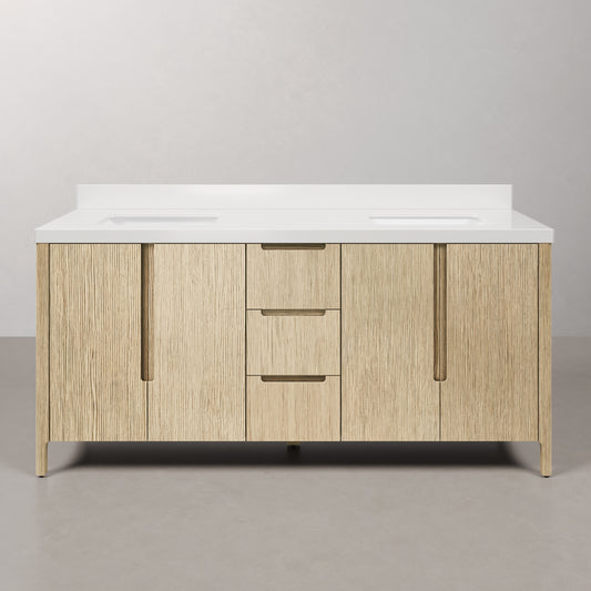 Sequoia 72 In. x 34.4 in. H Double Sink Bath Vanity in Case Latte with White Quartz Top | Water Creation