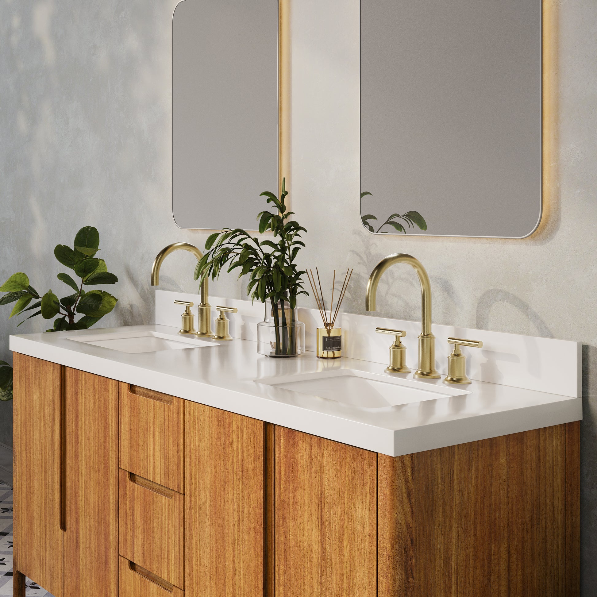 Sequoia 72 In. x 34.4 in. H Double Sink Bath Vanity in Mango Wood with White Quartz Top | Water Creation