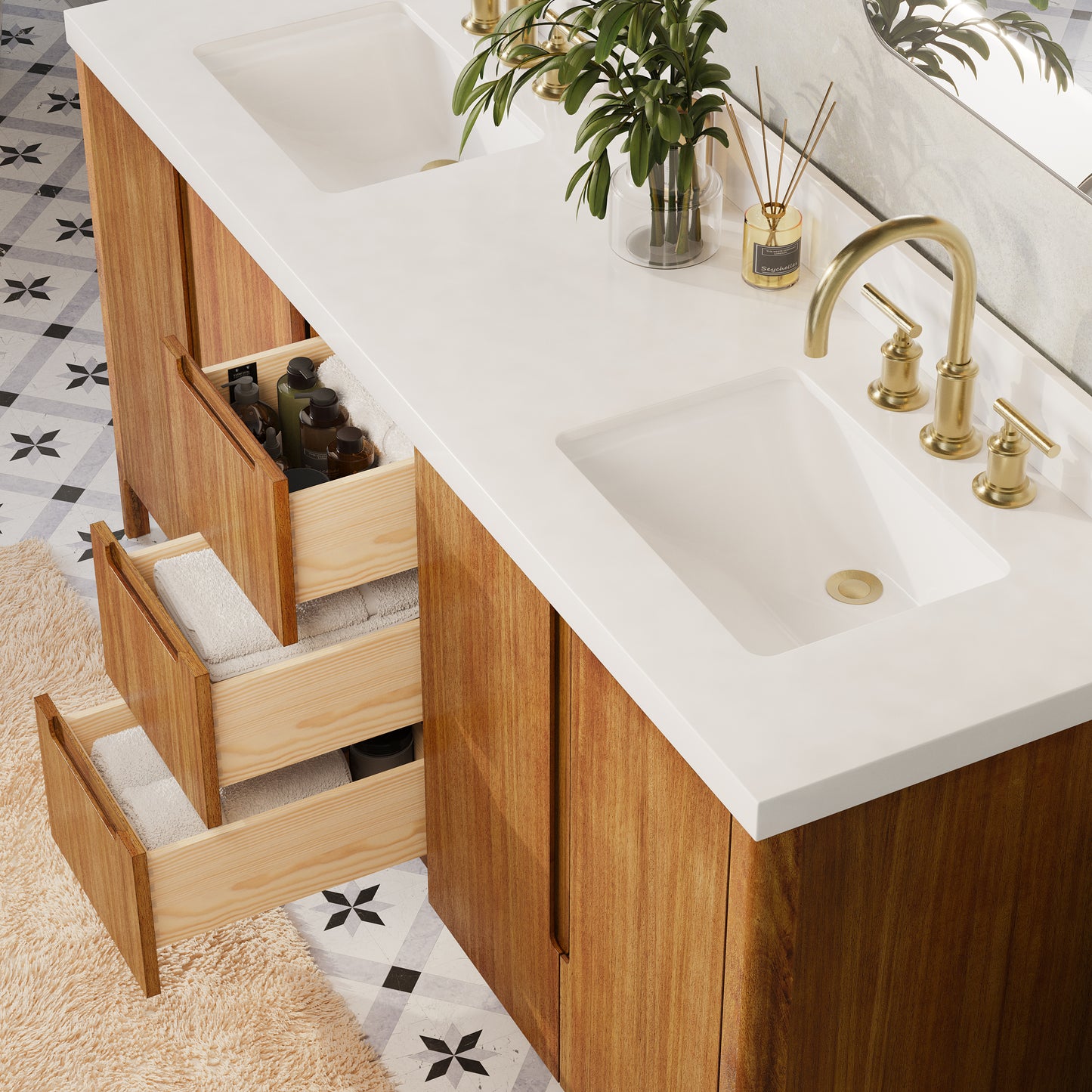 Sequoia 72 In. x 34.4 in. H Double Sink Bath Vanity in Mango Wood with White Quartz Top | Water Creation