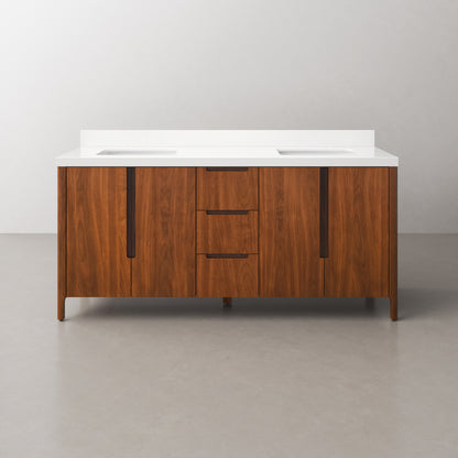 Sequoia 72 In. x 34.4 in. H Double Sink Bath Vanity in Noir Juglans with White Quartz Top | Water Creation