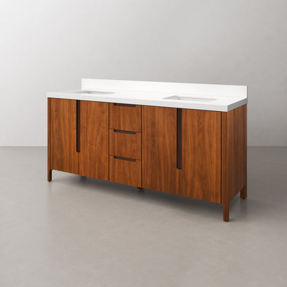 Sequoia 72 In. x 34.4 in. H Double Sink Bath Vanity in Noir Juglans with White Quartz Top | Water Creation