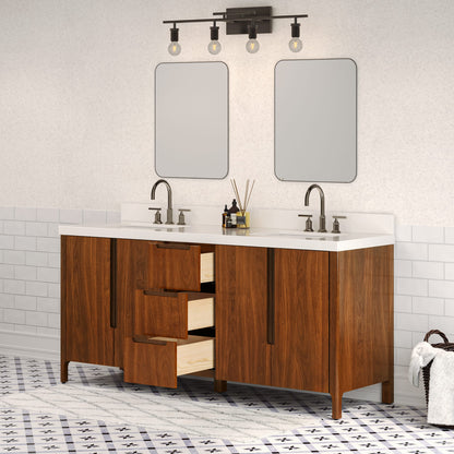 Sequoia 72 In. x 34.4 in. H Double Sink Bath Vanity in Noir Juglans with White Quartz Top | Water Creation