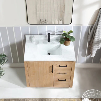 Vinnova, San 36" Free-standing Single Bath Vanity in Fir Wood Brown with White Grain Composite Stone Top