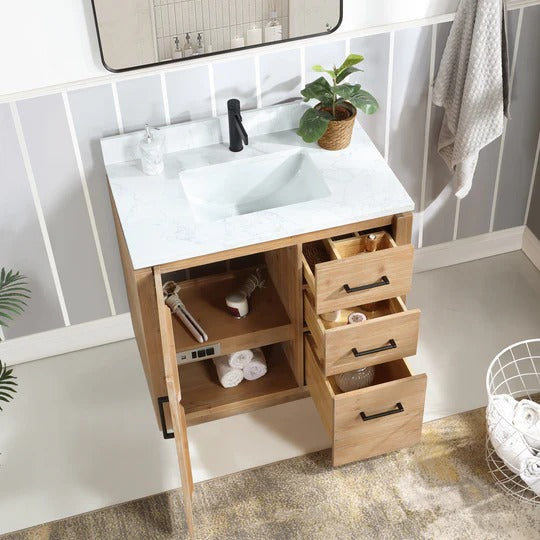 Vinnova, San 36" Free-standing Single Bath Vanity in Fir Wood Brown with White Grain Composite Stone Top