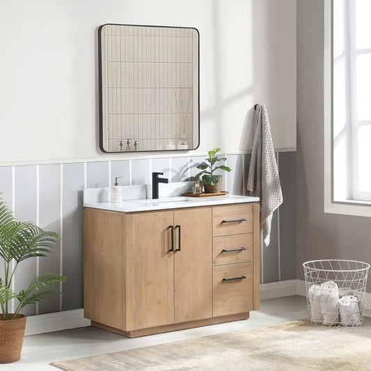 Vinnova, San 42" Free-standing Single Bath Vanity in Fir Wood Brown with White Grain Composite Stone Top and Mirror