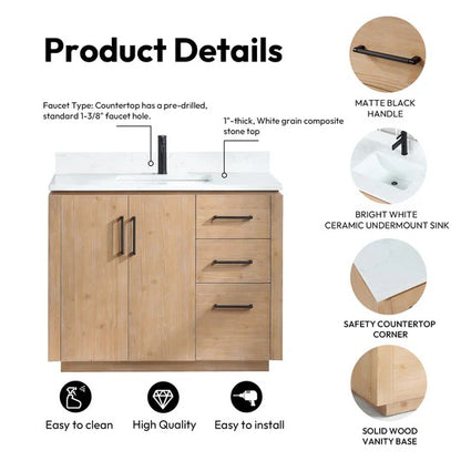 Vinnova, San 42" Free-standing Single Bath Vanity in Fir Wood Brown with White Grain Composite Stone Top