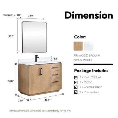 Vinnova, San 42" Free-standing Single Bath Vanity in Fir Wood Brown with White Grain Composite Stone Top
