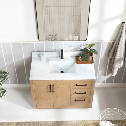 Vinnova, San 42" Free-standing Single Bath Vanity in Fir Wood Brown with White Grain Composite Stone Top