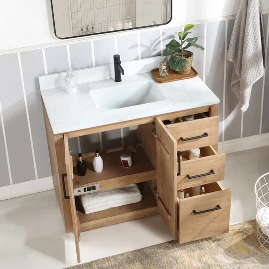 Vinnova, San 42" Free-standing Single Bath Vanity in Fir Wood Brown with White Grain Composite Stone Top