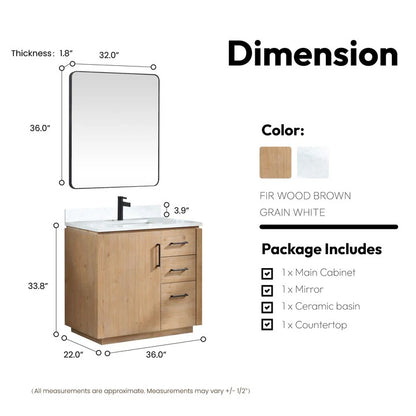 Vinnova, San 36" Free-standing Single Bath Vanity in Fir Wood Brown with White Grain Composite Stone Top and Mirror