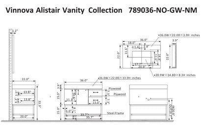 Vinnova, Alistair 36" Single Vanity in North American Oak with White Grain Stone Countertop Without Mirror