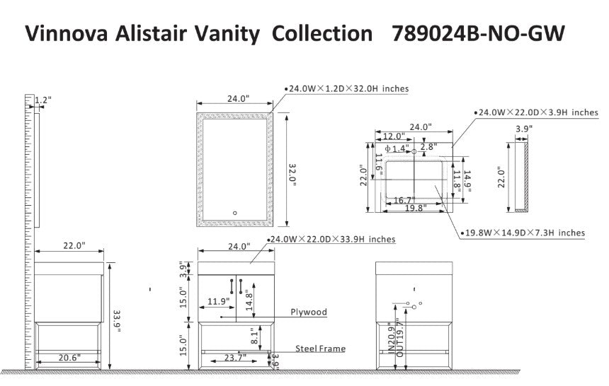 Vinnova, Alistair 24B" Single Vanity in North American Oak with White Grain Stone Countertop With Mirror