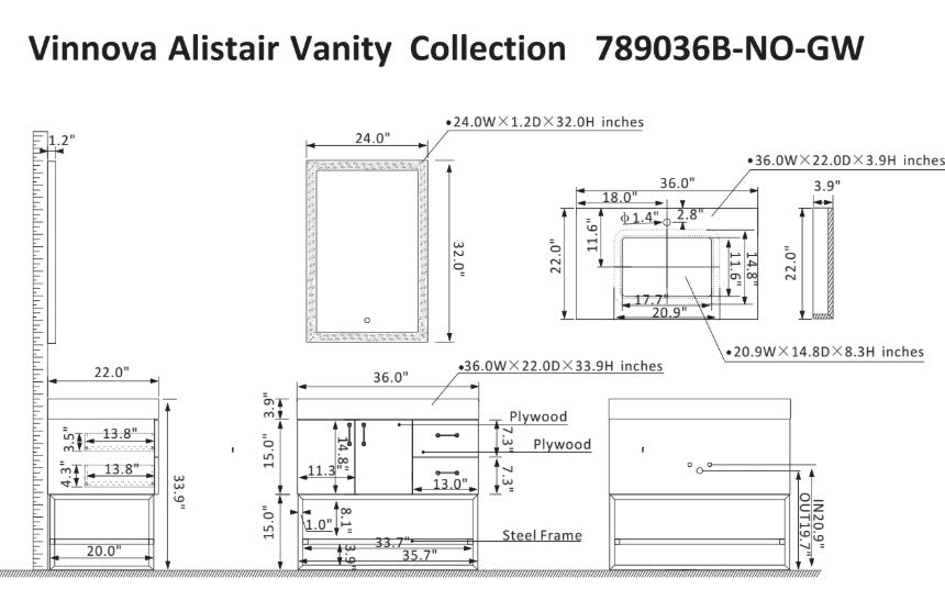 Vinnova, Alistair 36B" Single Vanity in North American Oak with White Grain Stone Countertop With Mirror